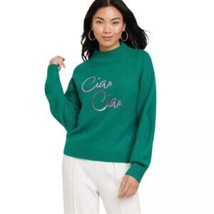 A New Day Ciao Ciao Green Pink Sequin Fuzzy Sweater Size XL  Mock Turtleneck